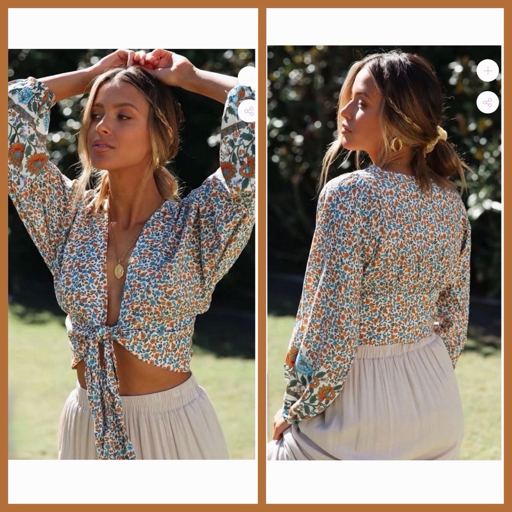 Boho Floral Tie Front Crop Top Sz M Beach Peasant Prairie Indie
